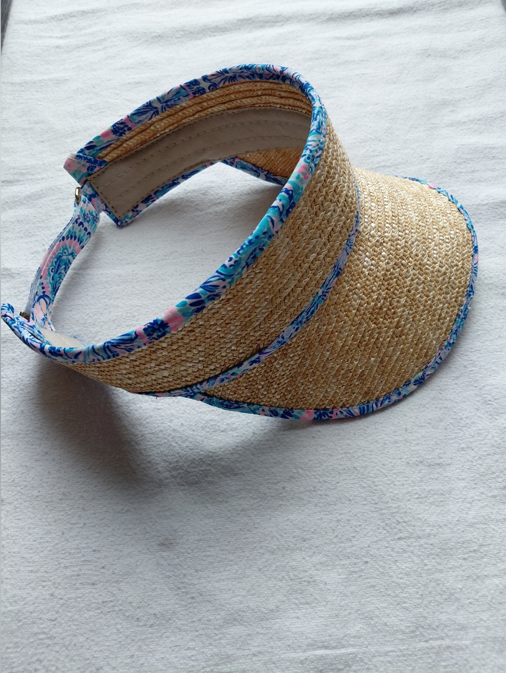 Lilly Pulitzer Commotion In The Ocean GWP Visor Straw Tan Blue Pink Sweatband